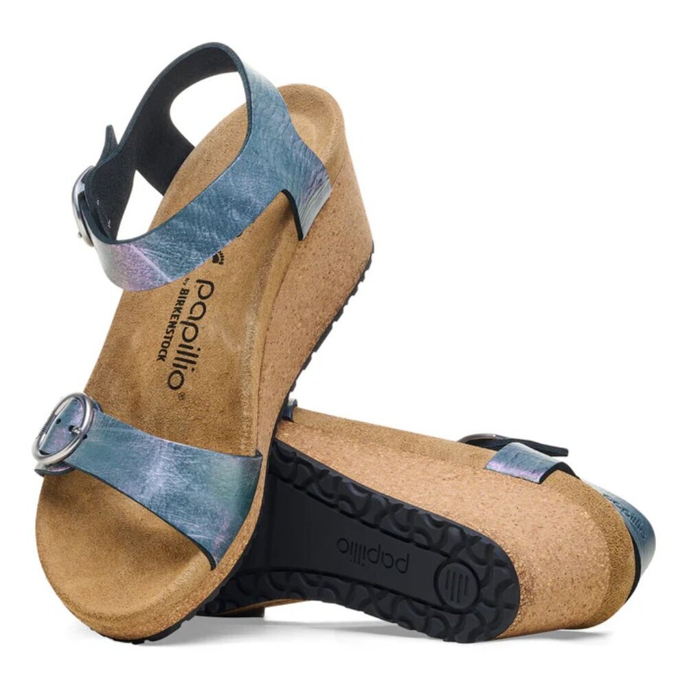 NWOB Papillo By Birkenstock Solely Metallic Blue Grey Nubuck Wedge Sandals